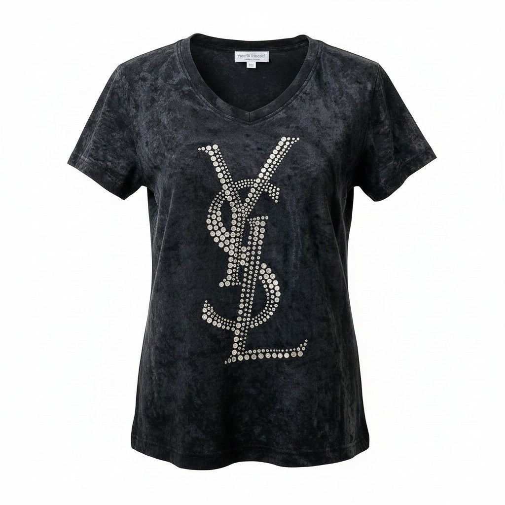 13f6 Yves Saint Laurent イヴサンローラン ラインストーン カサンドラ Tシャツ カットソー ベロア イタリア製 M ブラック レーヨン ポリエステル レディースo07t