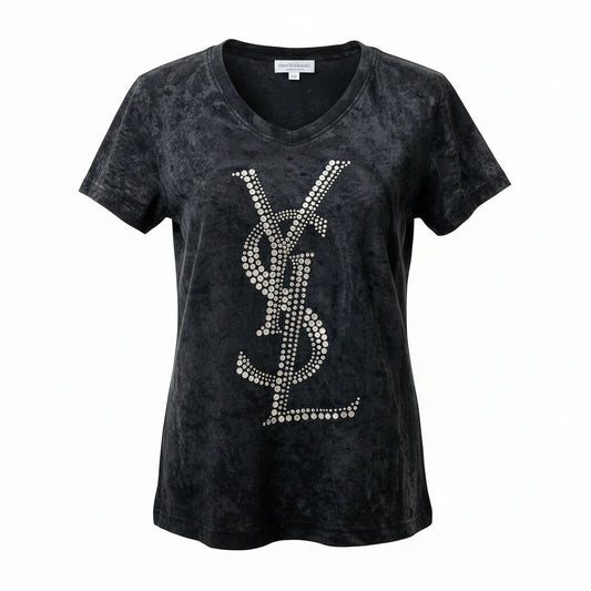 13f6 Yves Saint Laurent イヴサンローラン ラインストーン カサンドラ Tシャツ カットソー ベロア イタリア製 M ブラック レーヨン ポリエステル レディースo07t