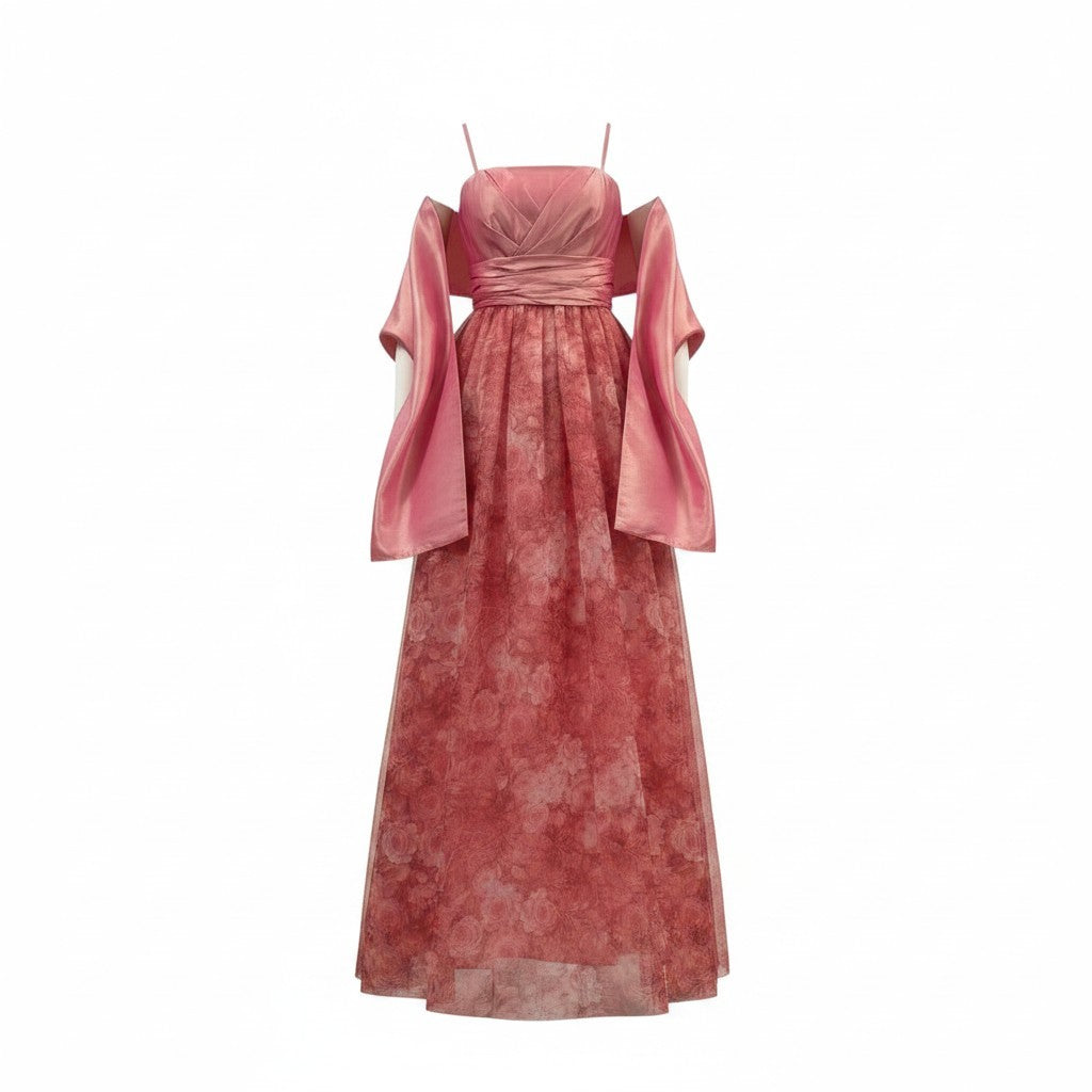 63h12 DRESS ROOM AMI ドレスルームアミ パーティードレス ロングドレス 花柄プリント  ピンク系 レディース 女性用u02t