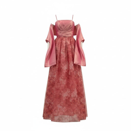 63h12 DRESS ROOM AMI ドレスルームアミ パーティードレス ロングドレス 花柄プリント  ピンク系 レディース 女性用u02t