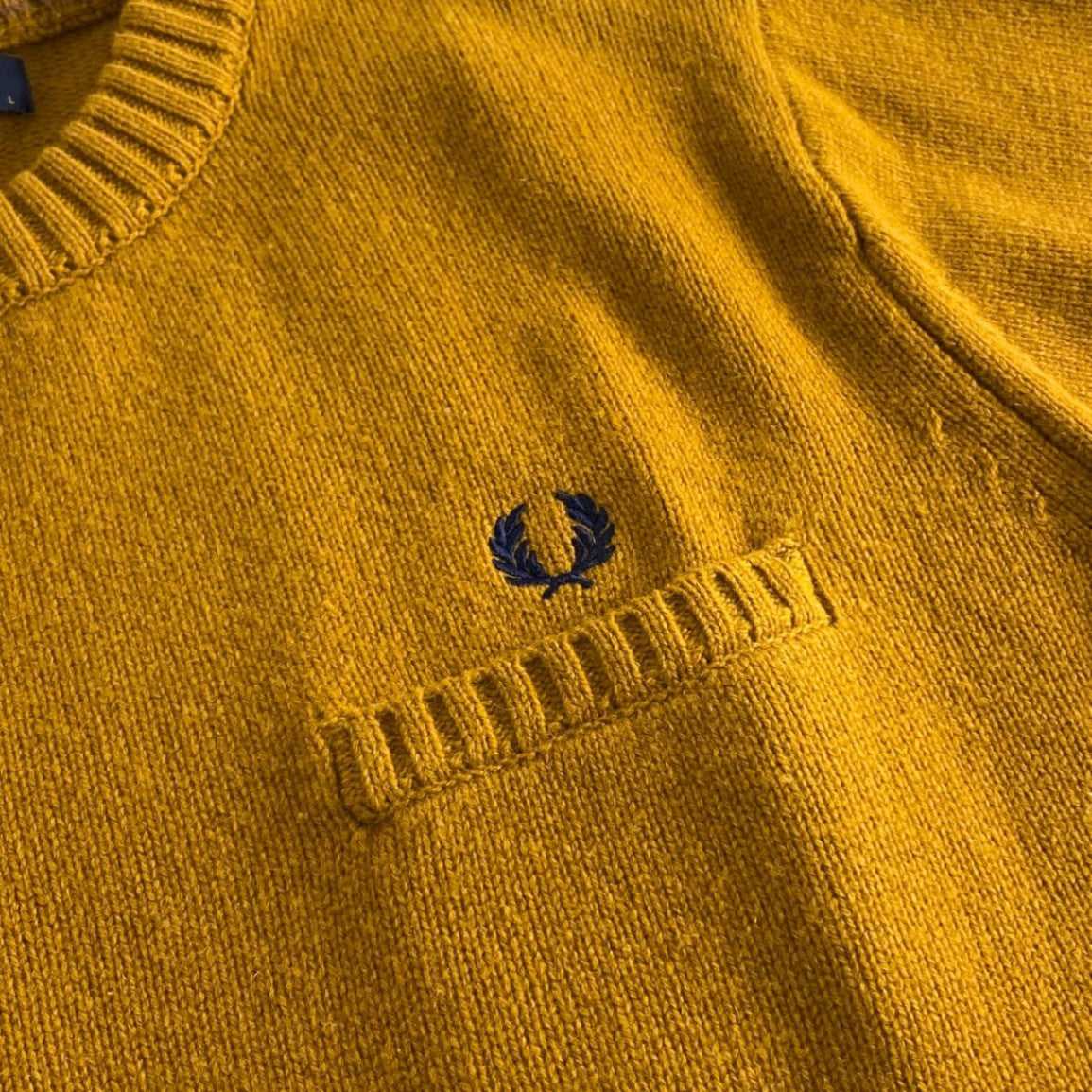 80h12 FRED PERRY フレッドペリー MALL HEM KNIT WEAR F3231 クルーネック ニット セーター プルオーバー ロゴ刺繍 Lサイズ ブラウン系 ウール