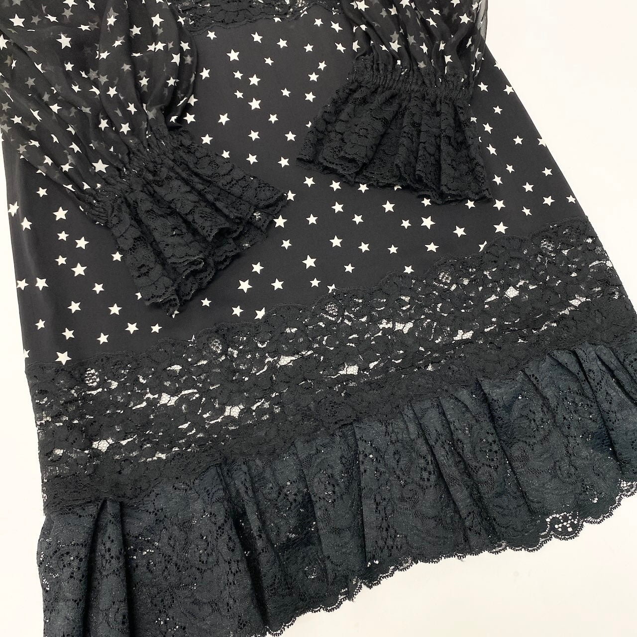 50e8 DOLCE&GABBANA  ドルチェアンドガッバーナ レース切替 スタープリント ワンピース 星柄 シアー ドレスワンピース パフスリーブ サイズ38 ブラック レディース 女性用u02t