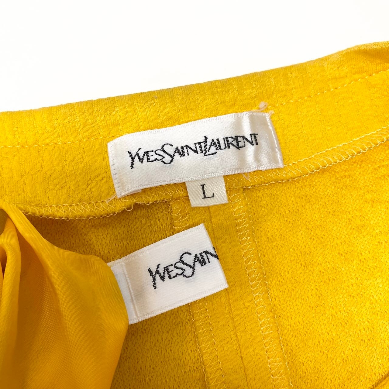 29f15 YVES SAINT LAURENT イヴサンローラン セットアップ 金ボタン 半袖ジャケット スカート Lサイズ イエロー コットン レディースo07t