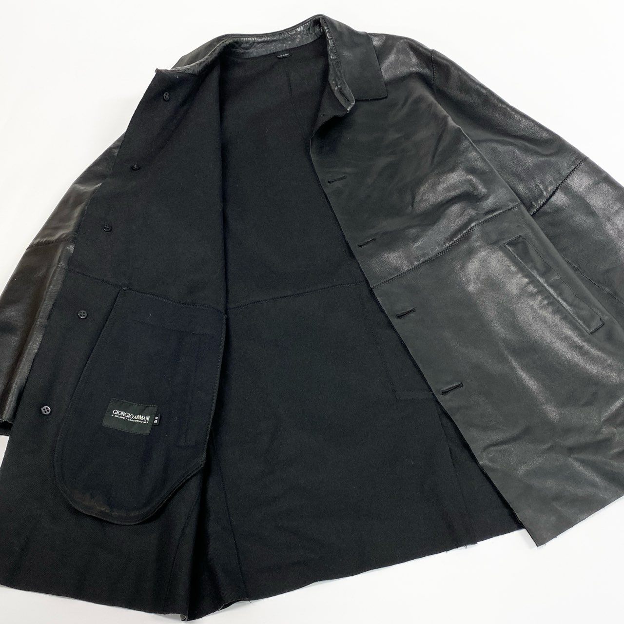 50a19 GIORGIO ARMANI ジョルジオアルマーニ レザージャケット ロングジャケット ステンカラーコート ラムレザー 羊革 本革 イタリア製 メンズ 紳士服 アウター ブラックu02t