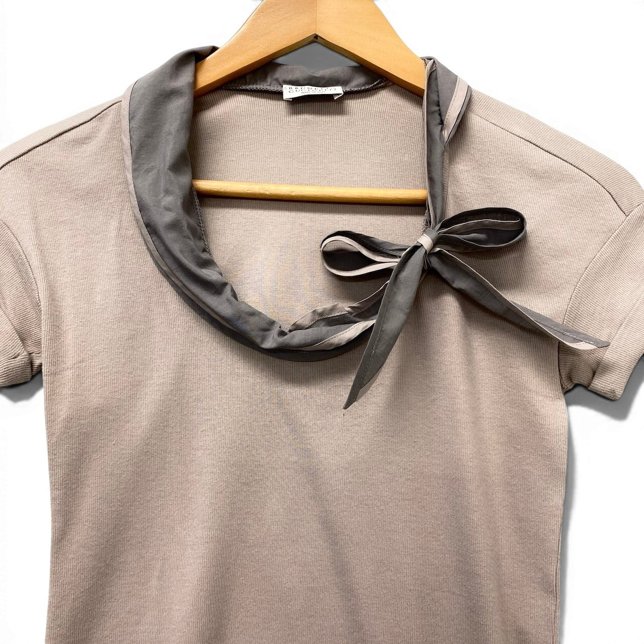 22f17 BRUNELLO CUCINELLI ブルネロクチネリ ボウタイ リブニットカットソー 半袖Tシャツ ストレッチ  サイズM グレー レディース 女性服o07t