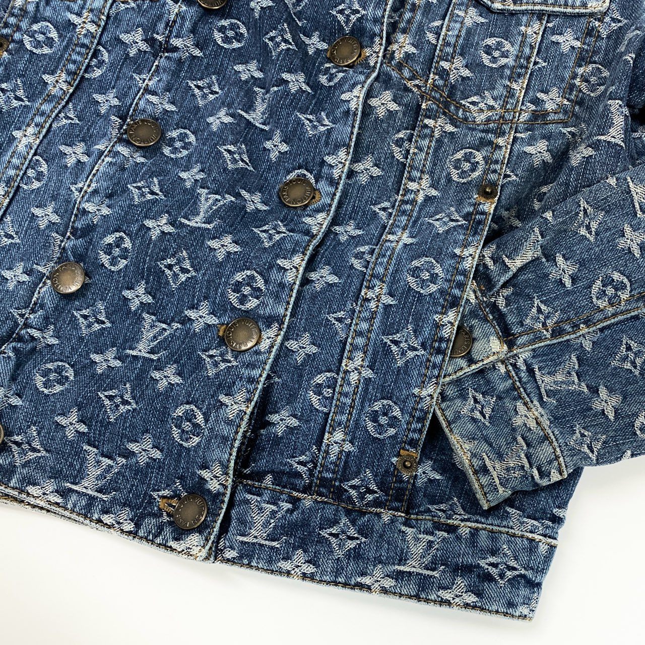 Id7 LOUIS VUITTON ヴィンテージ ルイヴィトン モノグラムジャガード ダブルデニムジャケット サイズ38 インディゴ レディースta1