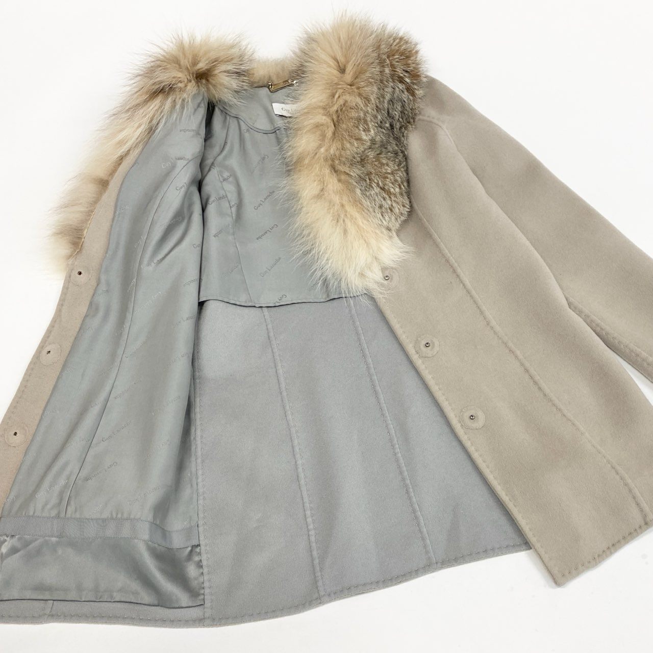 24l15《美品》 Guy Laroche ギラロッシュ LYNX リンクスファー ファーコート セミロングコート カシミヤコート 42 グレージュ カシミヤ ウール レディース 女性用u02t