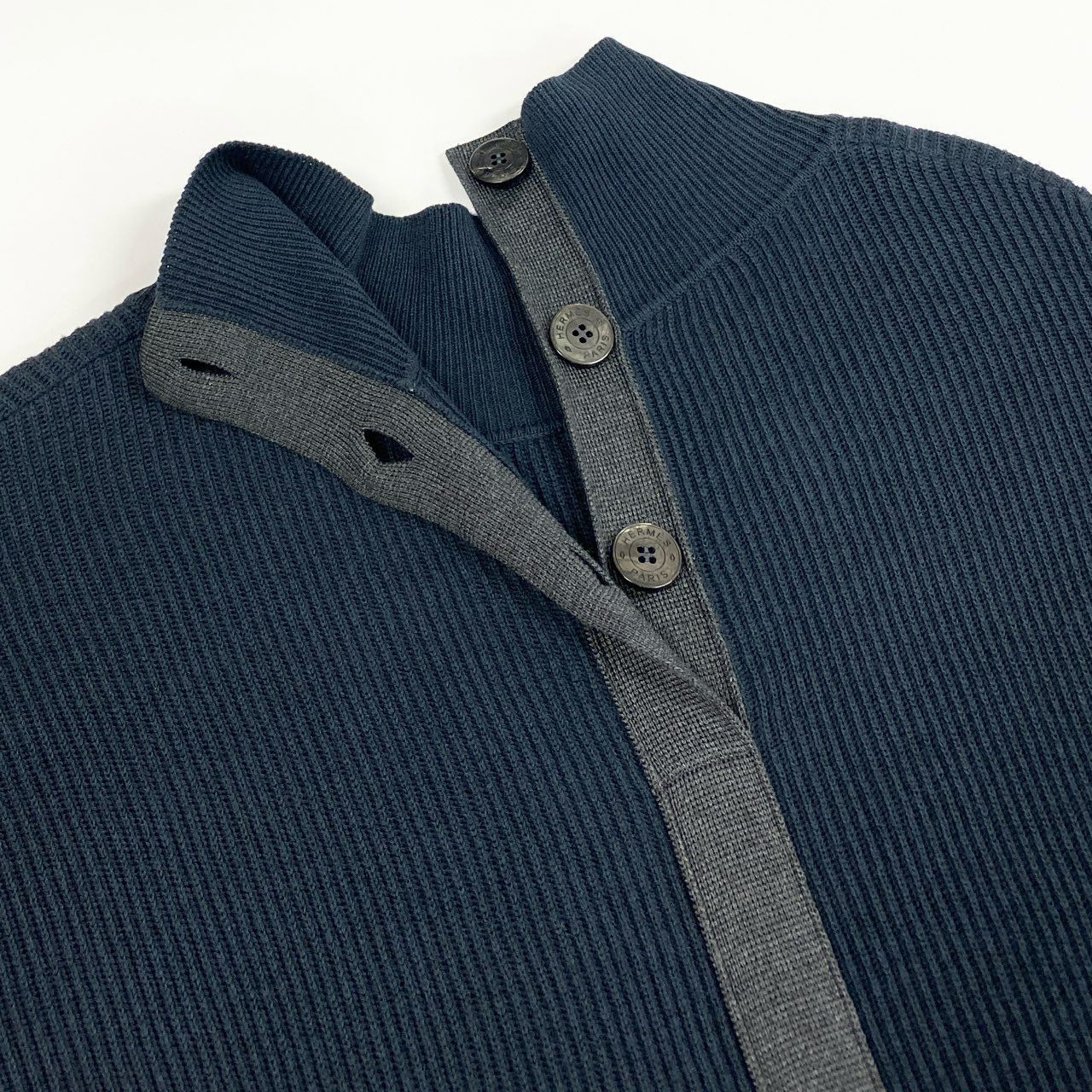 37L23 HERMES エルメス リブニットワンピース ハイネック ロングスリーブ ハーフボタン イタリア製 40サイズ ネイビー系 レディース 女性用o07t