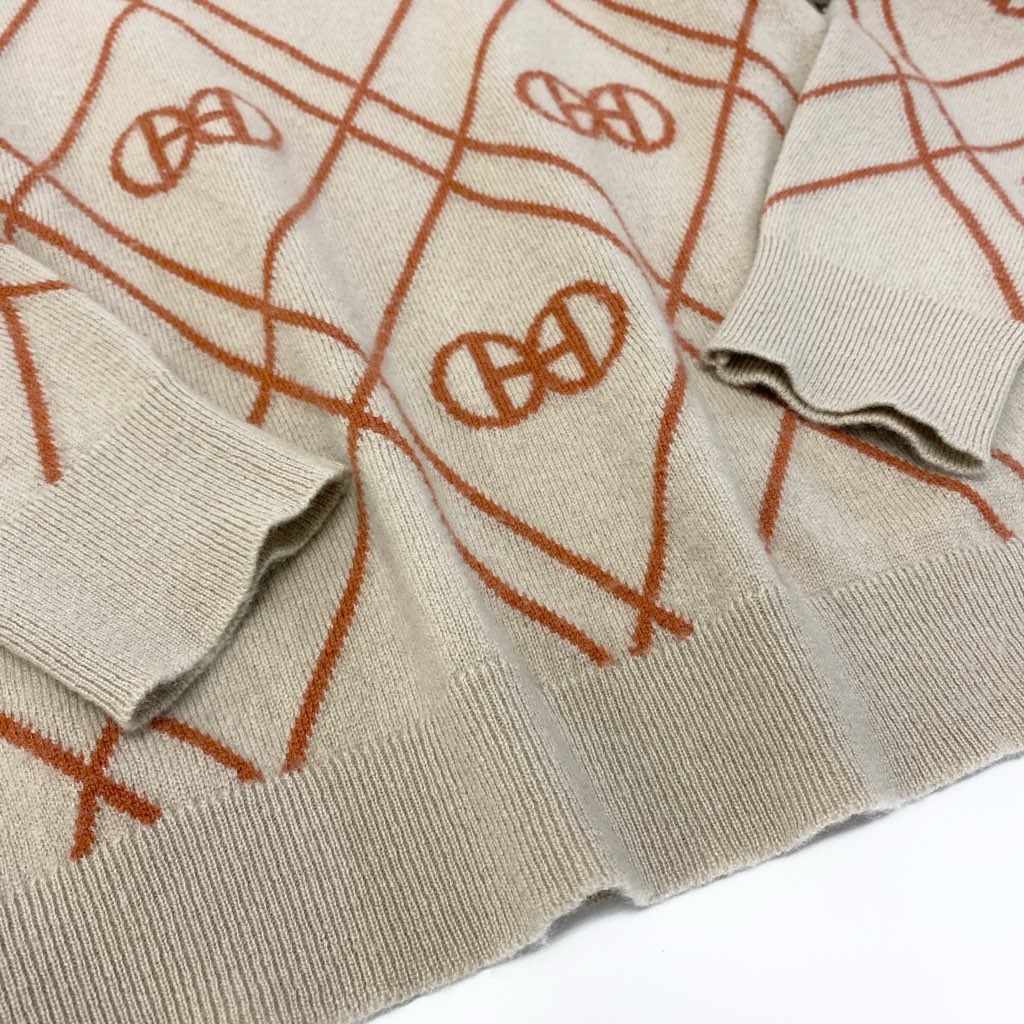 29a9 HERMES エルメス Hロンド カシミヤ ニットセーター クルーネック 総柄 長袖 レディース 女性用 2E2632DT 34 ベージュ カシミア100％o07t