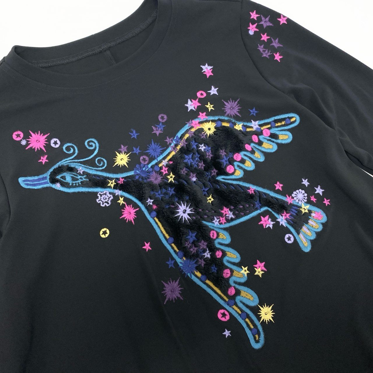 28k29《美品》 TOKUKO 1er VOL トクコプルミエヴォル 長袖 ロングワンピース 裾フリル 鳥 刺繍 ストレッチ○ レディース 女性用 9 ブラックu02t