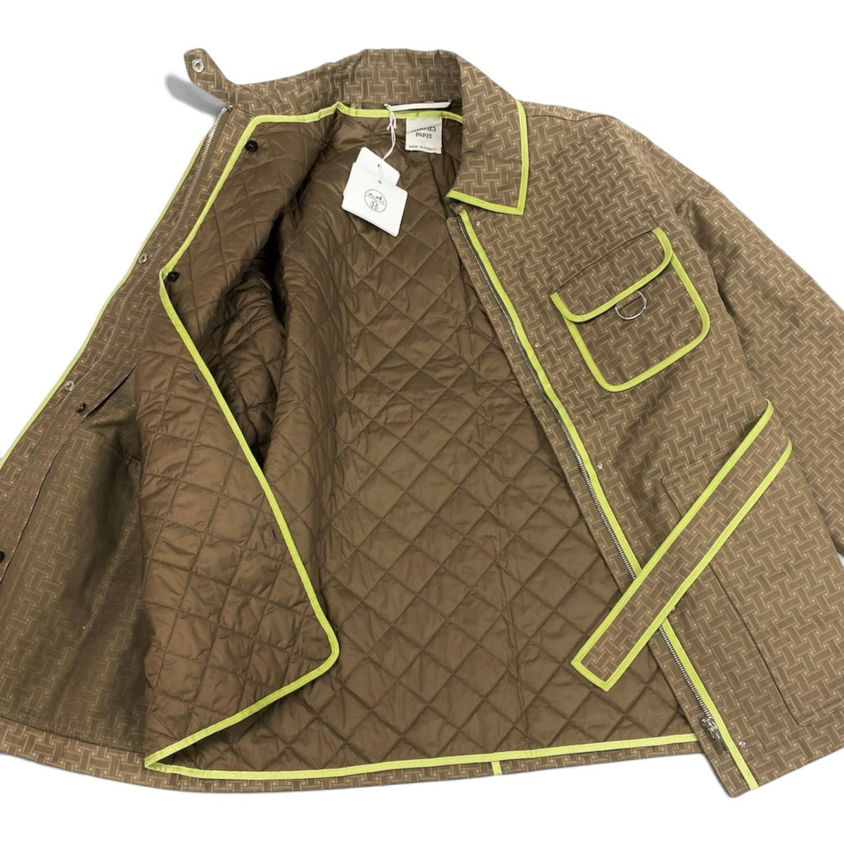 59i15 《未使用品》 HERMES エルメス 22AW Hモザイク サファリジャケット コート 2H0117DP 36 カーキ系 コットン ライナー ベルト付きu02t