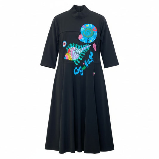 13c5 TOKUKO 1er VOL トクコプルミエヴォル 七分袖ワンピース ロングワンピース 刺繡デザイン ハイネック ストレッチ レディース 女性服 サイズ9 ブラック サイズ9u02t