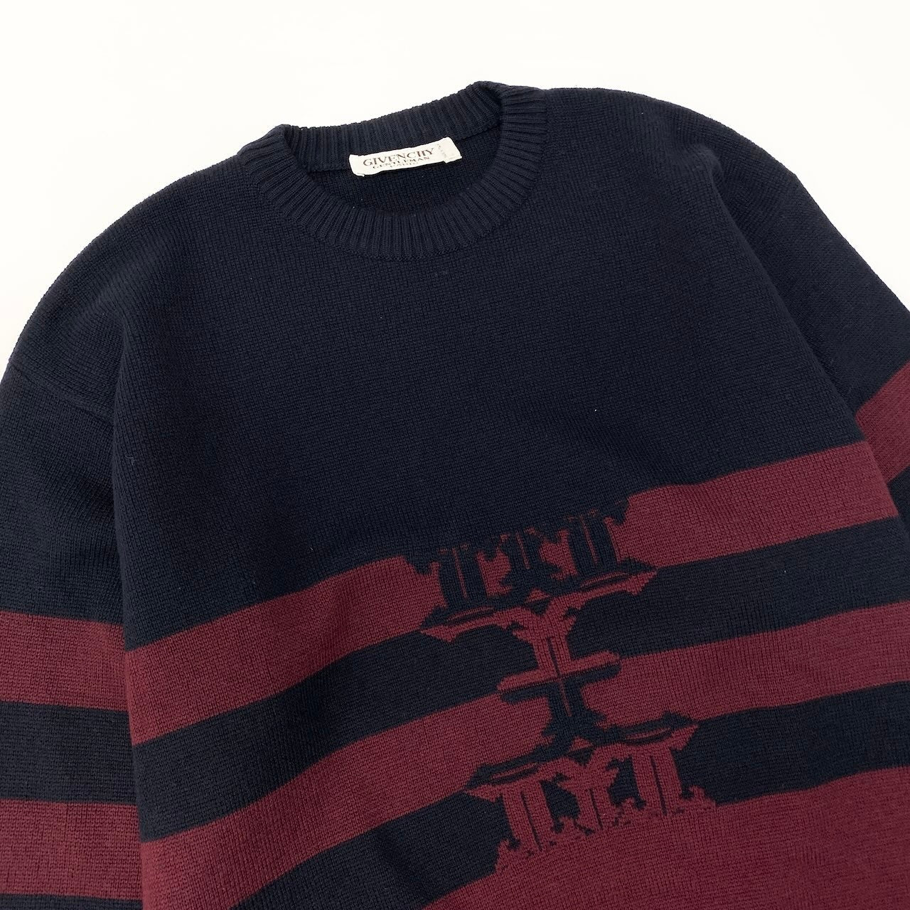 31c16 GIVENCHY ジバンシー Vintage ロングスリーブニット ニットセーター ボーダー Lサイズ ネイビー ボルドー ウール10％ メンズ 男性用o07t
