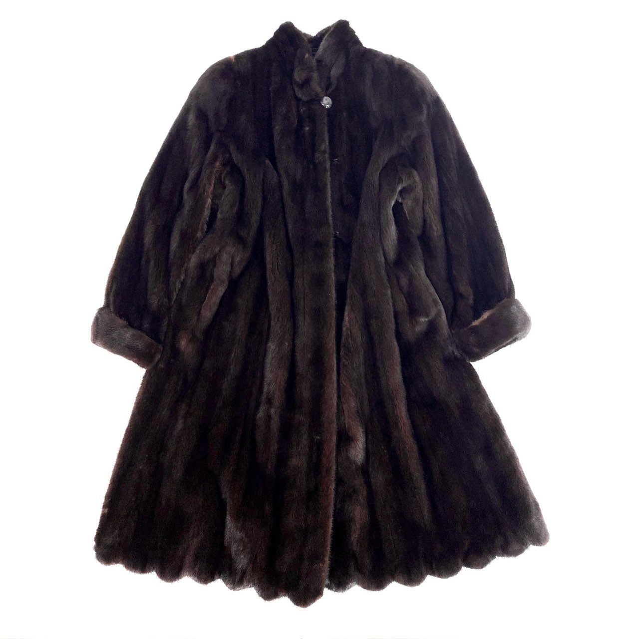 54L4 AMERICAN FUR AWARDS アメリカンフォーアワード 4つ星 マホガニーミンク 裾フリル 超ロングコート 丈110cm サイズM ブラウン 最高級本毛皮 MINK FURt18r