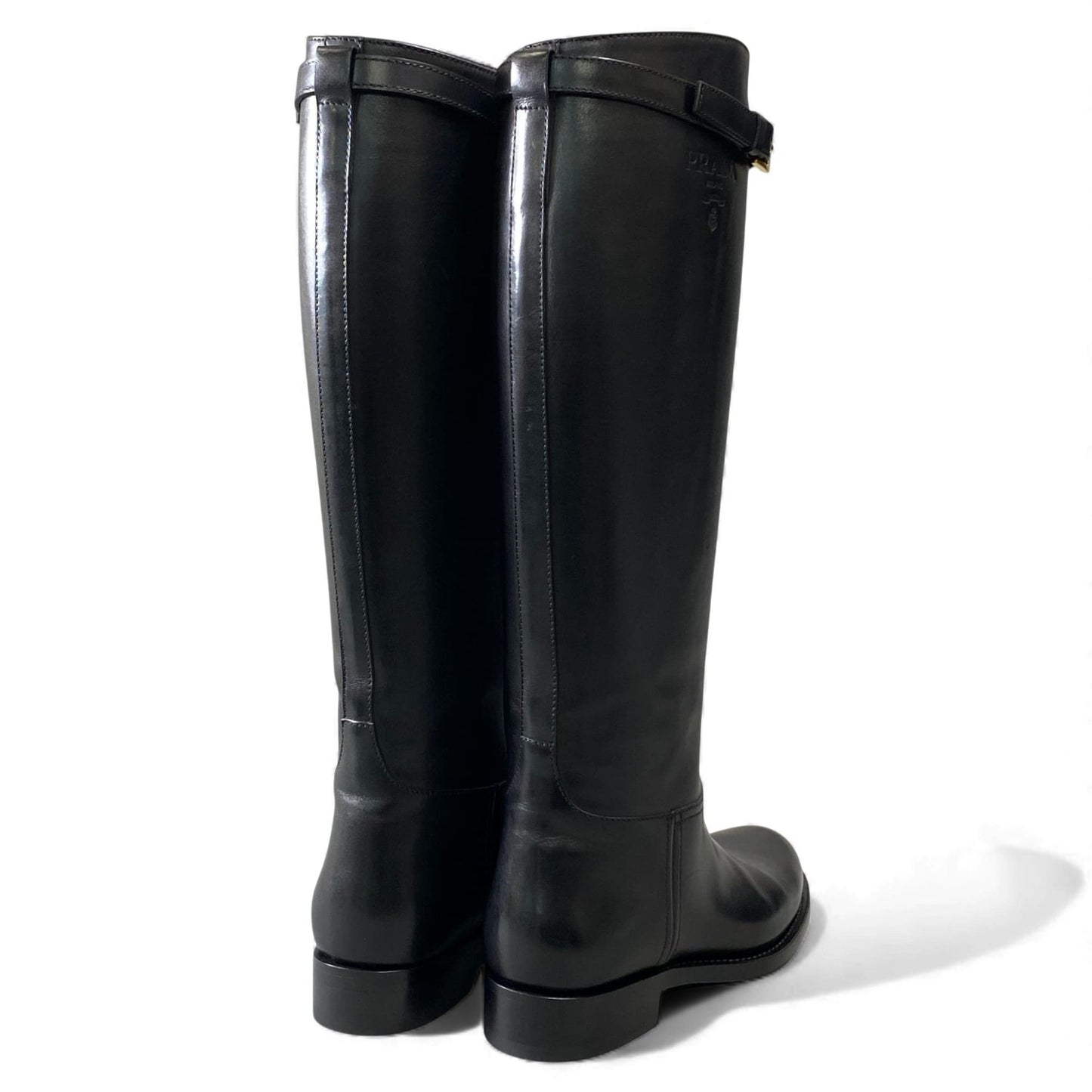 2L11 PRADA プラダ バックルストラップ付 型押しロゴ ロングブーツ サイズ38 ブラック レザー レディース 靴 ミドルブーツk02i