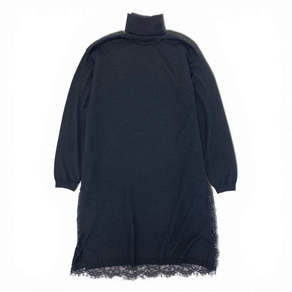 4a9 VALENTINO ヴァレンティノ レースニットワンピース ハイネック ロングスリーブ イタリア製 FBC9A525-VM1394B Lサイズ ネイビー レディースu02t