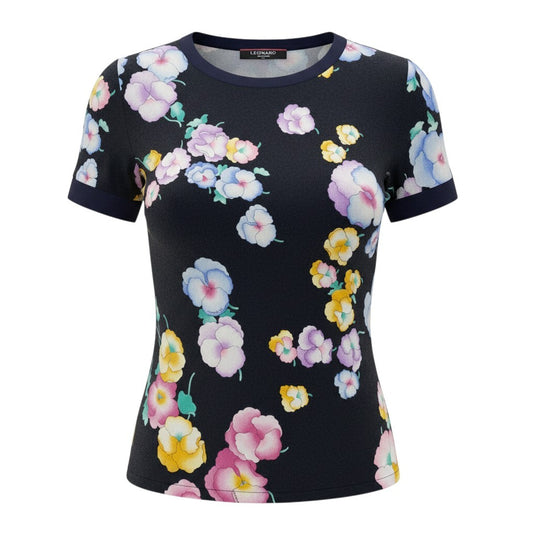 52f10 【美品】 LEONARD FASHION レオナール リブネック 半袖カットソー 美しい花柄プリント カンカン素材 サイズM ネイビー レディース 女性服u02t