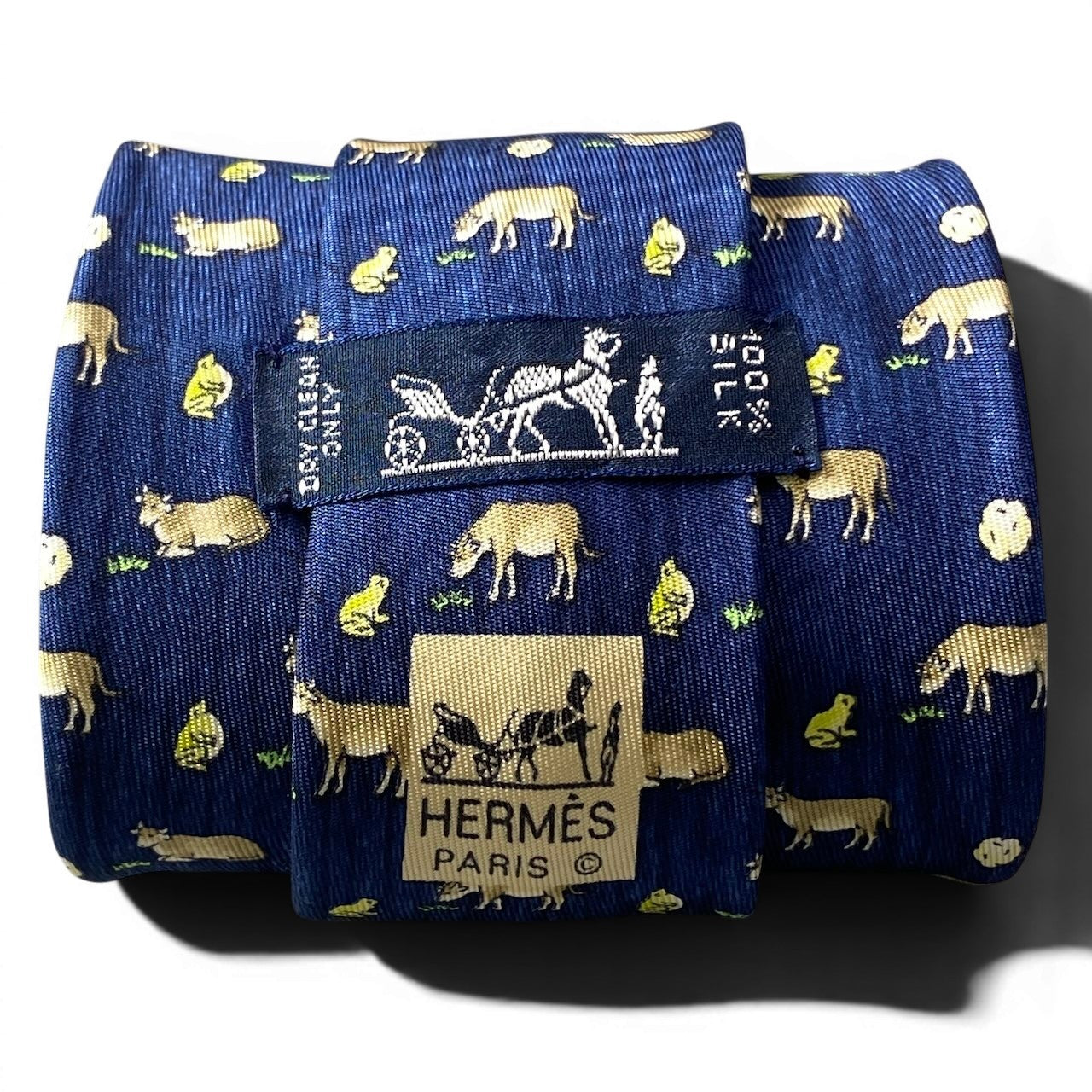 g18③ HERMES エルメス ネクタイ 牛柄 カエル柄 フランス製 ブルー シルク100％ メンズ 男性用u02t