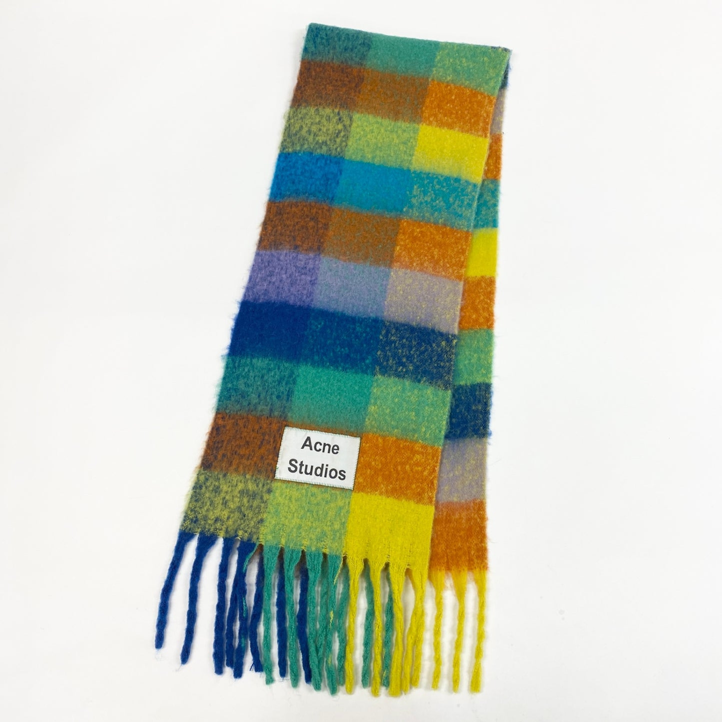 36L19 《美品》 Acne Studios アクネストゥディオズ 大判マフラー ストール ブロックチェック フリンジ付き マルチカラー アルパカウール混 ユニセックス 男女兼用k02i