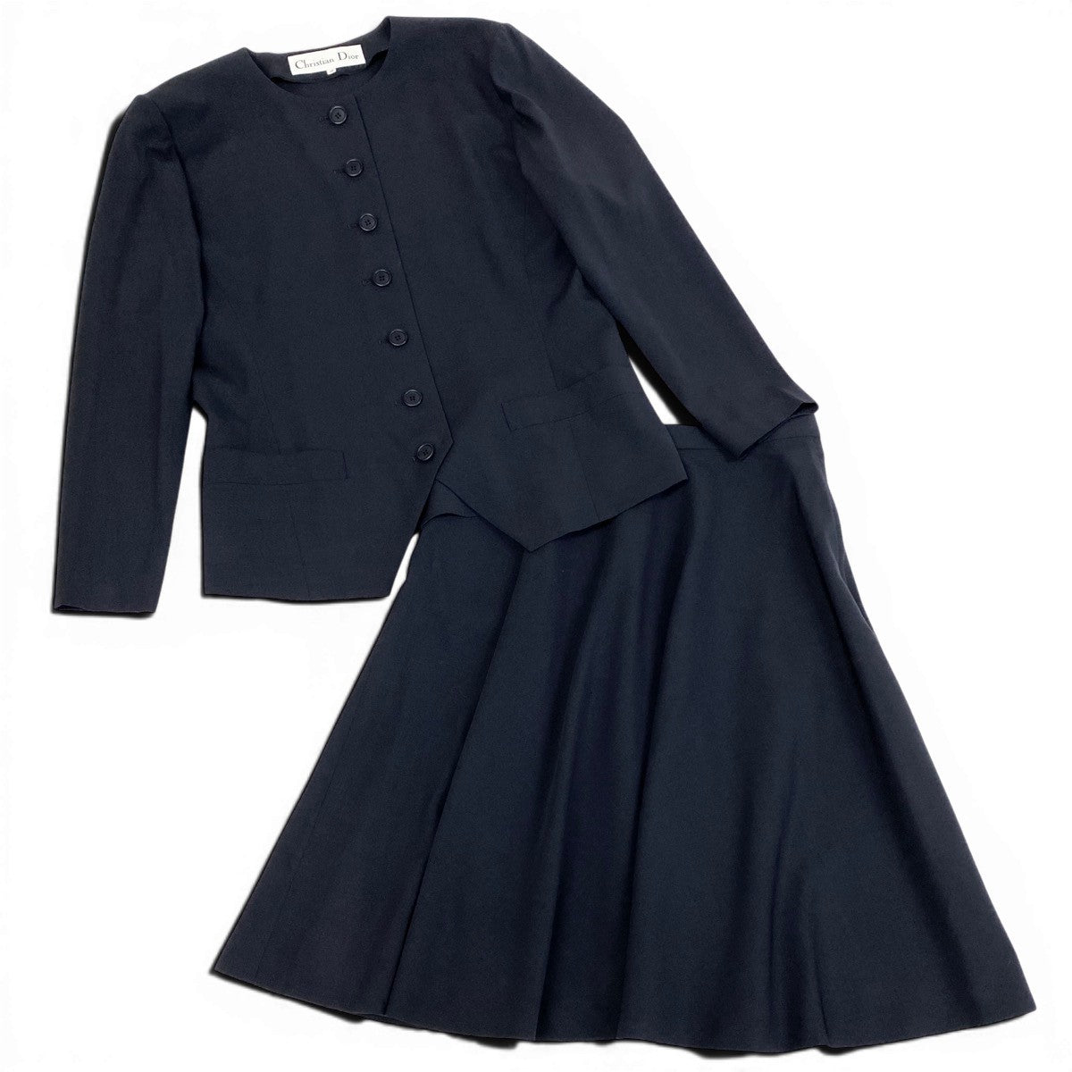Eg11 Christian Dior クリスチャンディオール セットアップ スカートスーツ ノーカラージャケット フレアスカート サイズ13 ネイビー レディースo07t