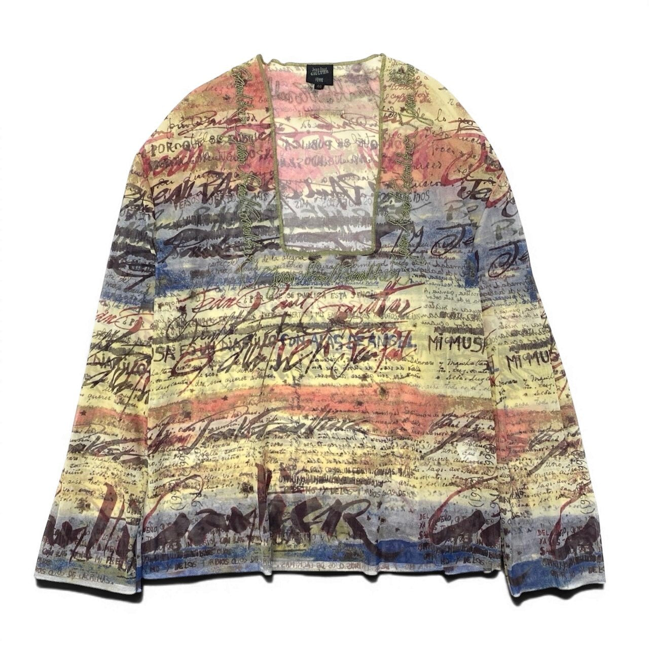 Af9 【美品】Jean Paul GAULTIER FEMME ジャンポールゴルチエ パワーネット ロングスリーブカットソー 刺繡デザイン 総柄 スクエアネック 40サイズ マルチカラー レディース 女性用u02t