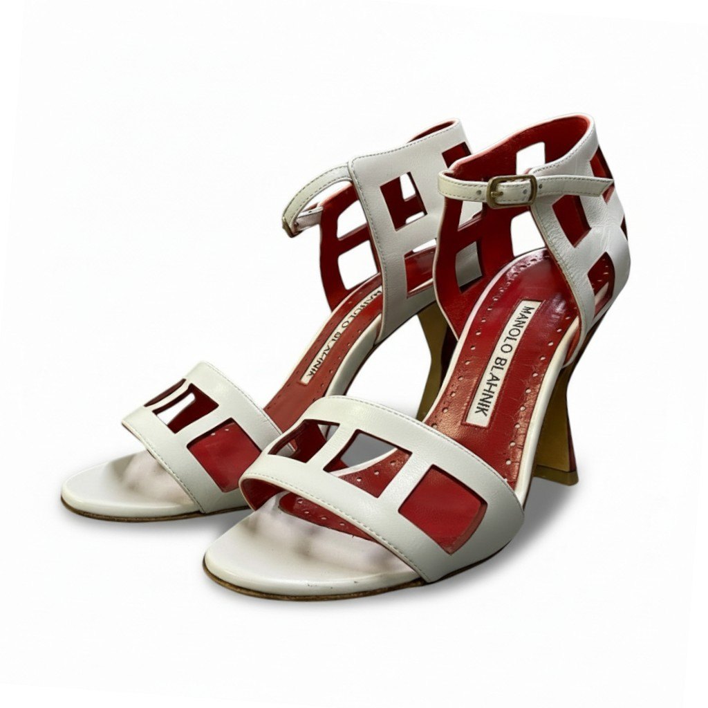 1b23 MANOLO BLAHNIK マノロブラニク アンクルベルト ヒールサンダル オープントゥ ルイヒール レディース 女性靴 イタリア製 34 1/2  ホワイト レッド レザーu02t