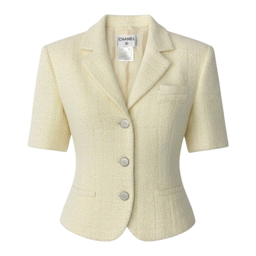C CHANEL シャネル 2000 00I 半袖ツイードジャケット ショート丈ジャケット ココマークボタン パイル地 P15546V08710 36サイズ イエロー レディース 女性用nu1