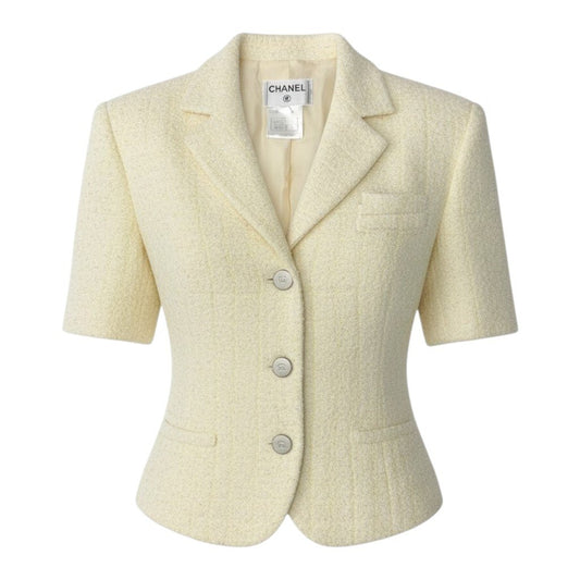 C CHANEL シャネル 2000 00I 半袖ツイードジャケット ショート丈ジャケット ココマークボタン パイル地 P15546V08710 36サイズ イエロー レディース 女性用nu1