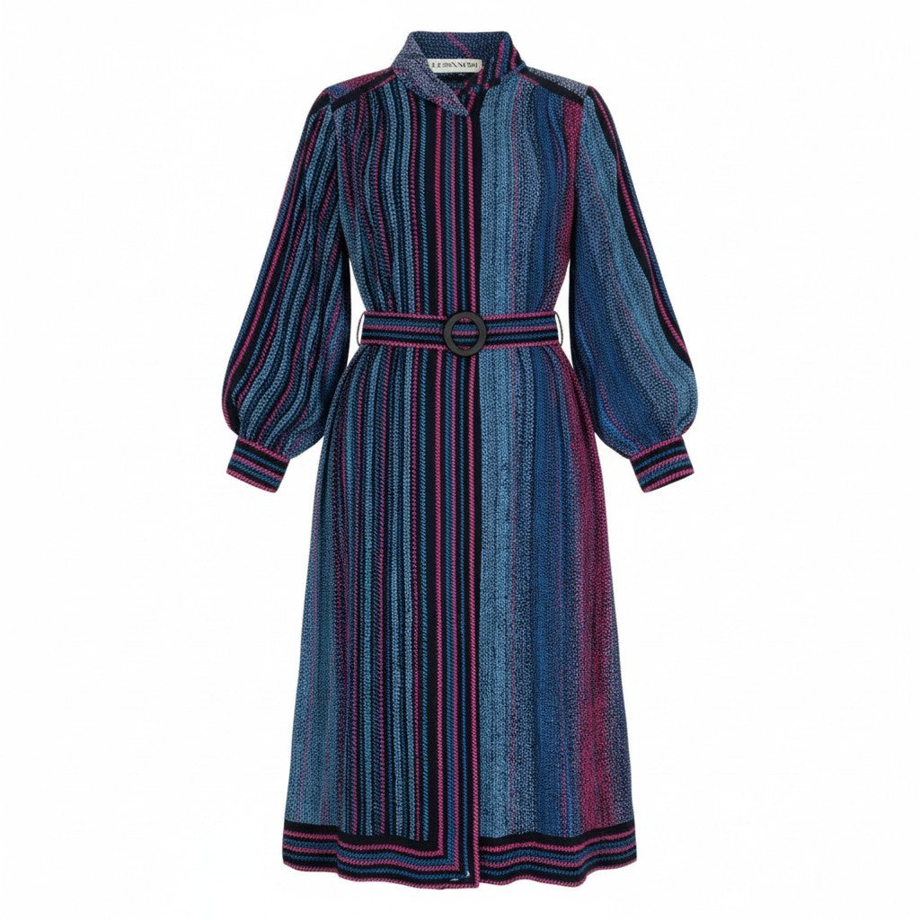 31b11【美品】LEONARD レオナール ロングスリーブワンピース ウエストベルト 総柄 1サイズ マルチカラー シルク100％ レディース 女性用u02t