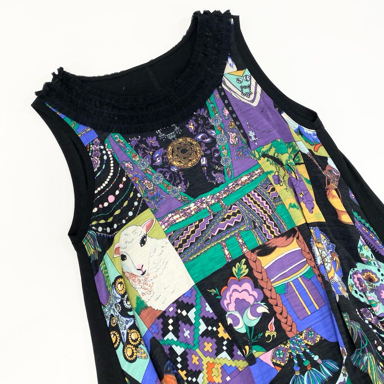 26k27 TOKUKO 1er VOL トクコプルミエヴォル ノースリーブワンピース フレアワンピース 総柄プリント チュール装飾 レディース 女性用 9 ブラックu02t