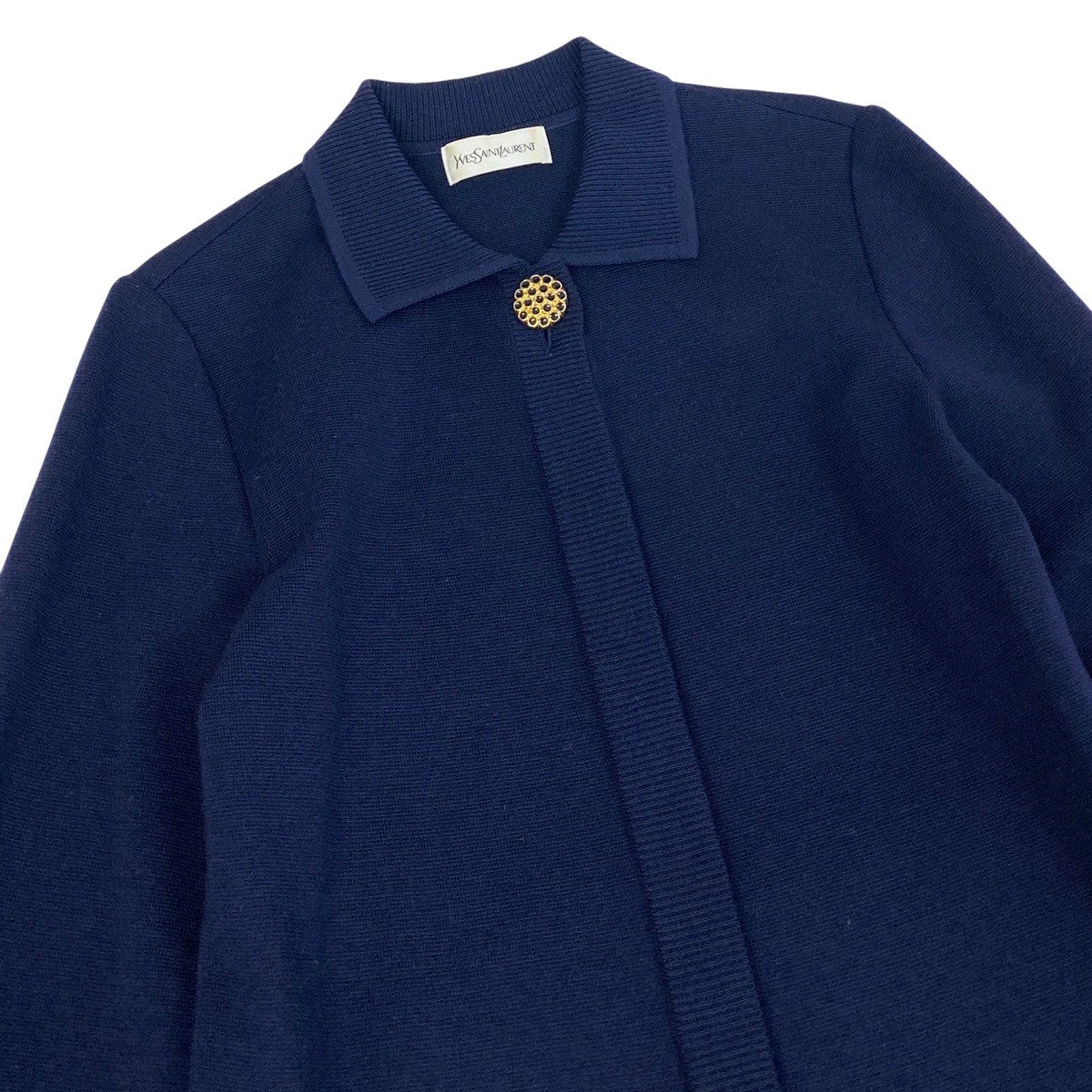 Ej19 YVES SAINT LAURENT イヴサンローラン ロングスリーブ ニットワンピース 金ボタン ラインストーン装飾 サイズM ネイビー ウール100 レディースo07t
