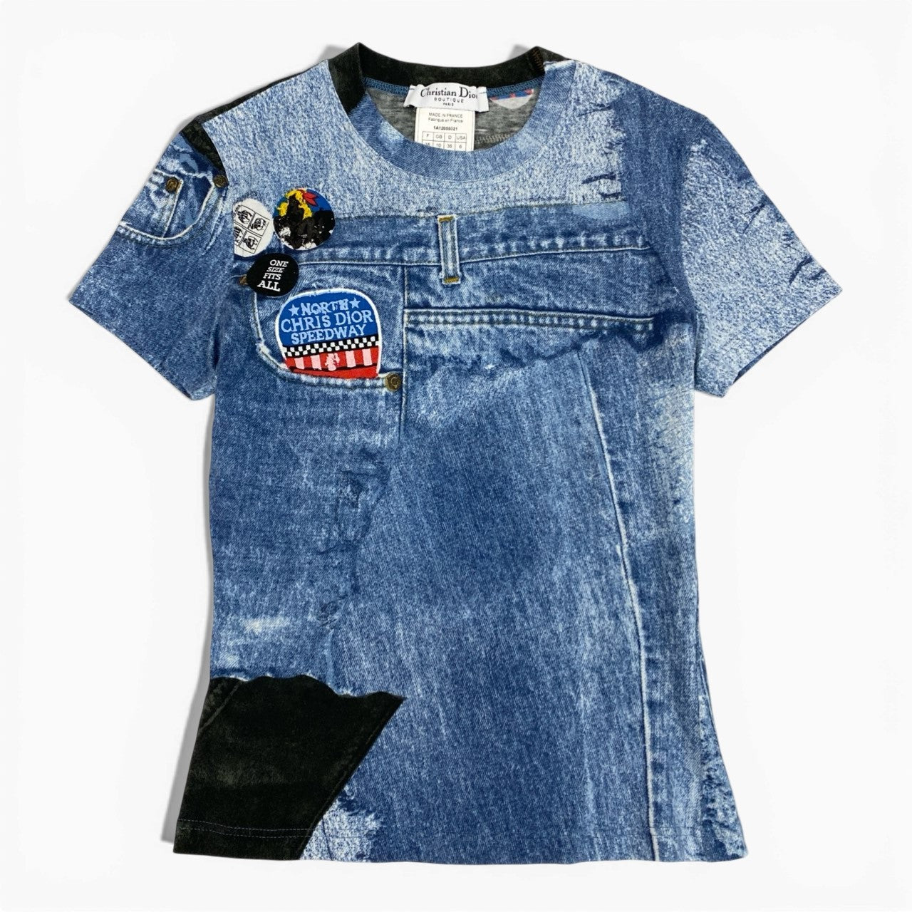 Ic6 Christian Dior クリスチャンディオール ガリアーノ期 デニム転写プリント 半袖Tシャツ カットソー 1A12055021 38 ブルー コットン レディースu02t