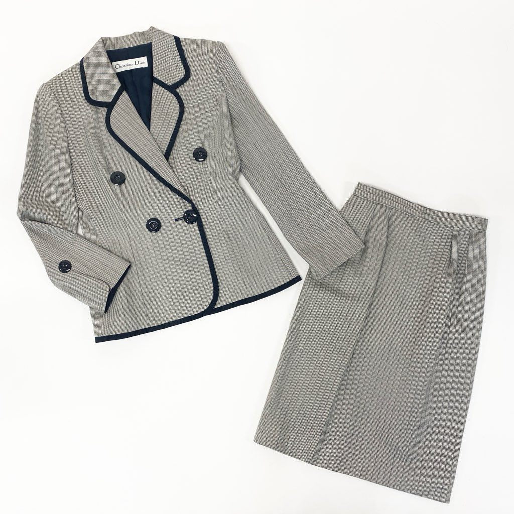 54l28 Christian Dior クリスチャンディオール Vintage セットアップ スーツスカート ダブルブレスト テーラードジャケット タイトスカート 9サイズ アイボリー ネイビー レディース 女性用o07t