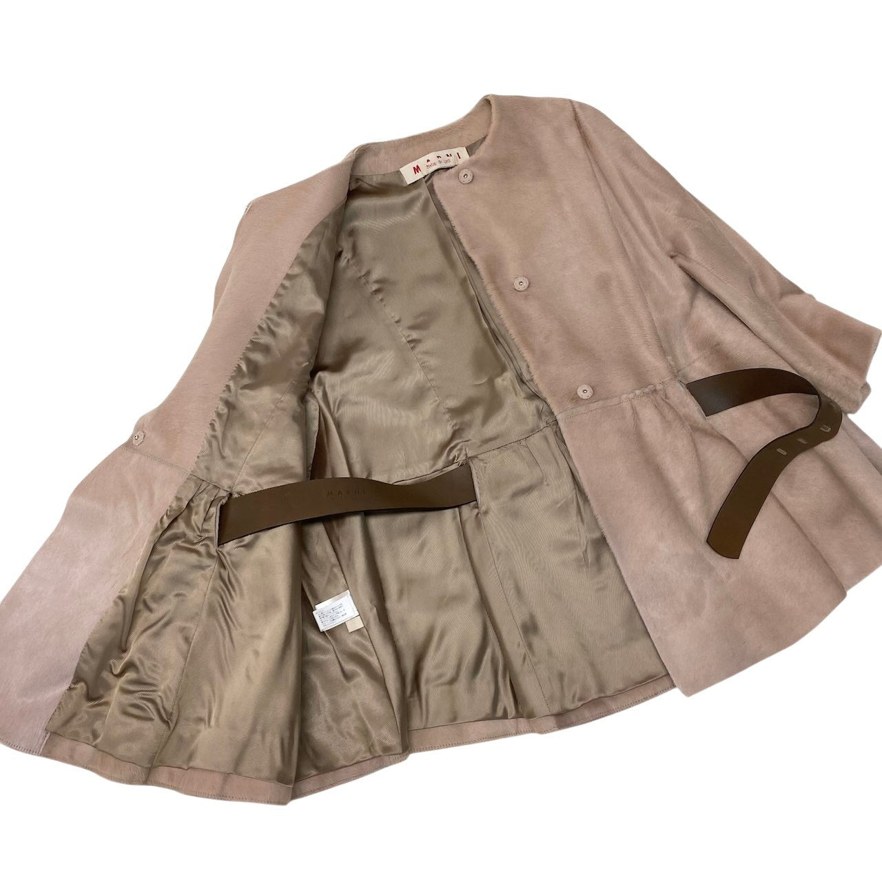 Ef8 MARNI マルニ ノーカラージャケット ハーフコート レザーベルト付 サイズ40 ベージュ レディース 女性用u02t