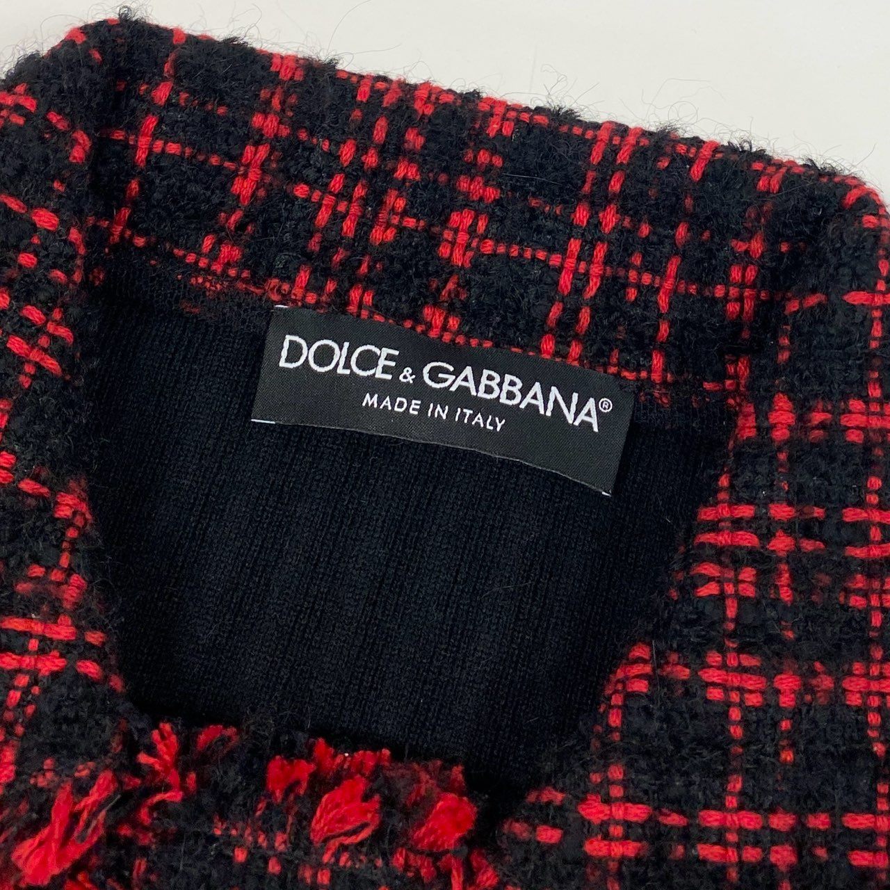 Ab19 【美品】 DOLCE&GABBANA ドルチェアンドガッパーナ ツイード リブニットカットソー ポロニット ロングスリーブ クラウンボタン イタリア製 ウール混 Tweed Detail Ribbed Knit Top サイズ38 ブラック レッドt18r