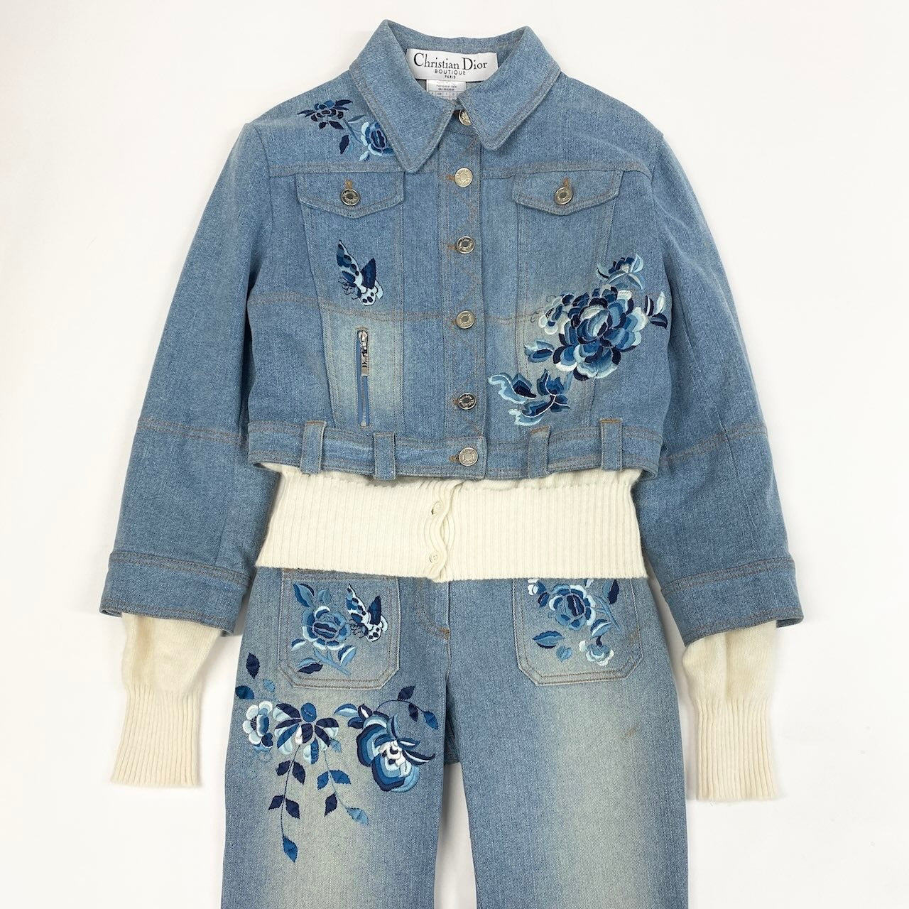Ic24 Christian Dior クリスチャンディオール ガリアーノ期 フラワー刺繍 デニムセットアップ by Galliano Flour Embroidery Denim Setup サイズ40 / 34 インディゴブルーt18r