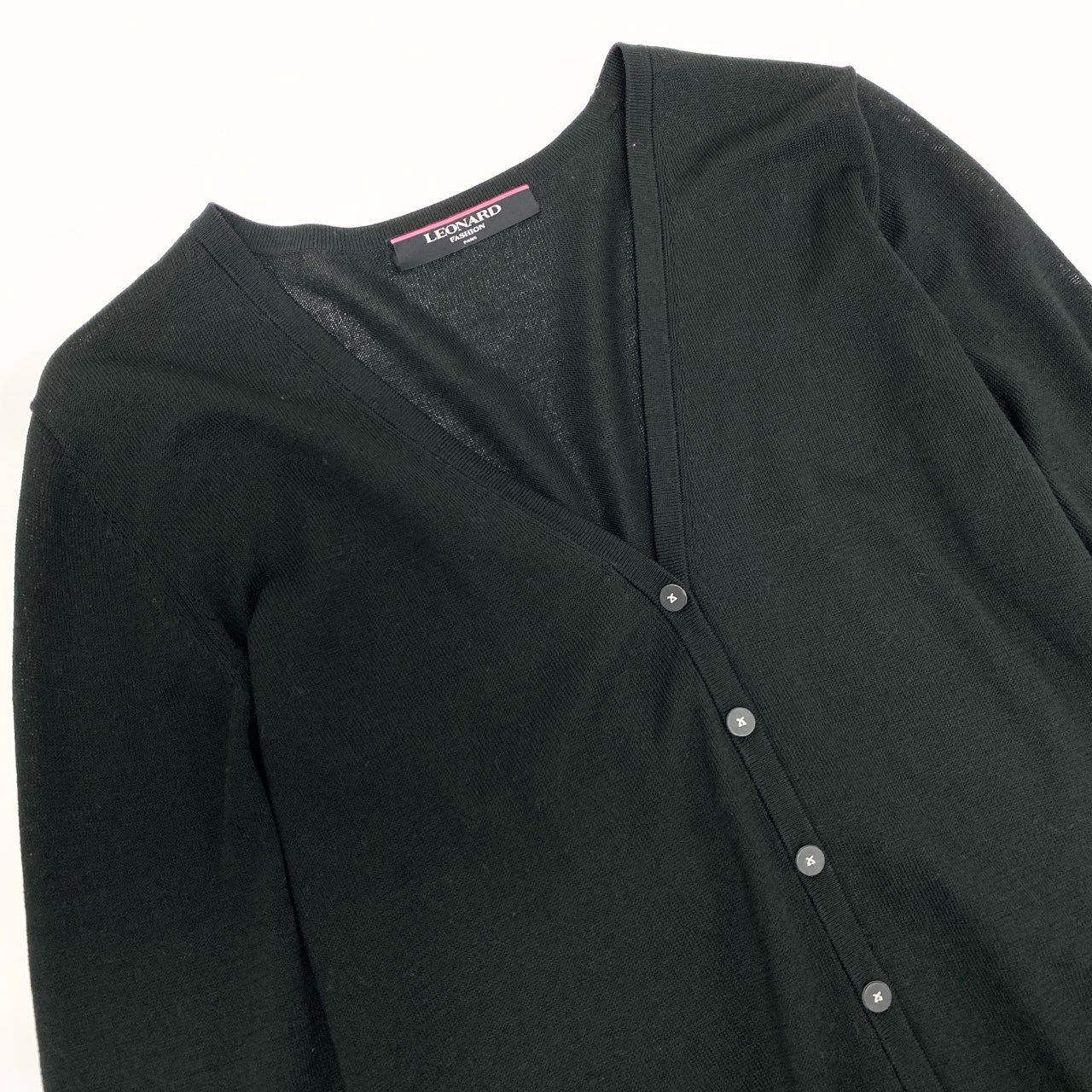 4k23《美品》 LEONARD FASHION レオナール アンサンブルニット ツインニット 半袖トップス カーディガン ボーダー柄 花柄刺繍 シルク混 Ｌ ブラック ホワイト系u02t