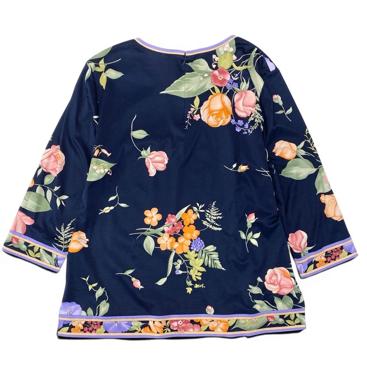 49g17 【美品】 LEONARD FASHION ロングスリーブ カットソー 美しい花柄プリント サイズ42 ネイビー コットン100％ レディースu02t