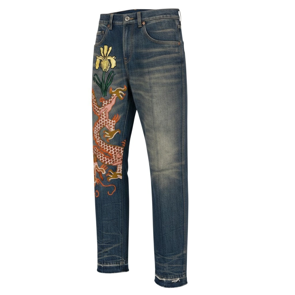 Me19 GUCCI グッチ ドラゴン フラワー刺繍 ヴィンテージ加工 デニムパンツ Dragon Flour Embroidered Jeans サイズ30 インディゴt18r Me19 GUCCI グッチ ドラゴン フラワー刺繍 ヴィンテージ加工 デニム