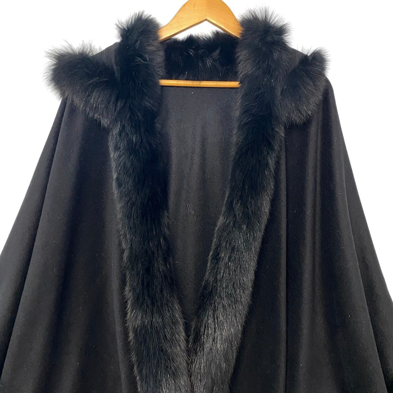 10h28 カシミヤ × フォックスファー フードポンチョ コート サイズF ブラック Cashmere 100％ Fox Fur Poncho Coatt18r