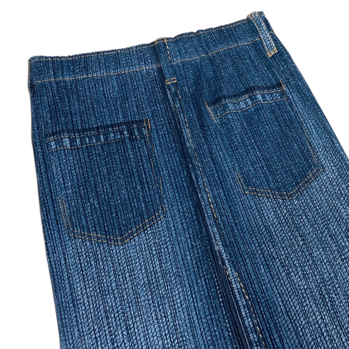 Aj15 【美品】 PLEATS PLEASE プリーツプリーズ デニム転写プリントスカート PP41-JG923 サイズ3 ブルー ポリエステル100％ レディースu02t