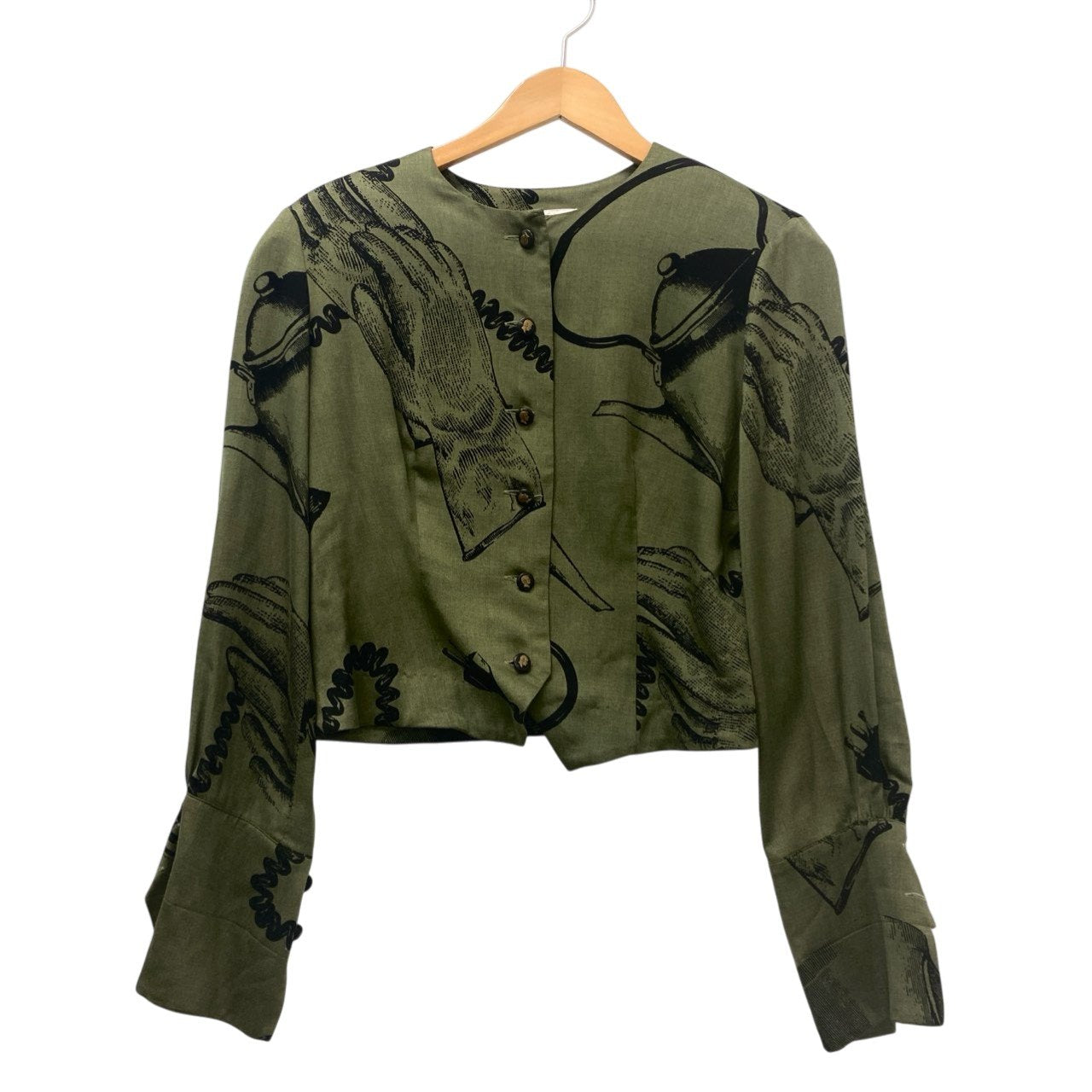 24b16 【美品】MOSCHINO モスキーノ ヴィンテージ ノーカラーシャツジャケット グラフィックプリント ショート丈 バルーン袖 カーキ レディース 女性用u02t