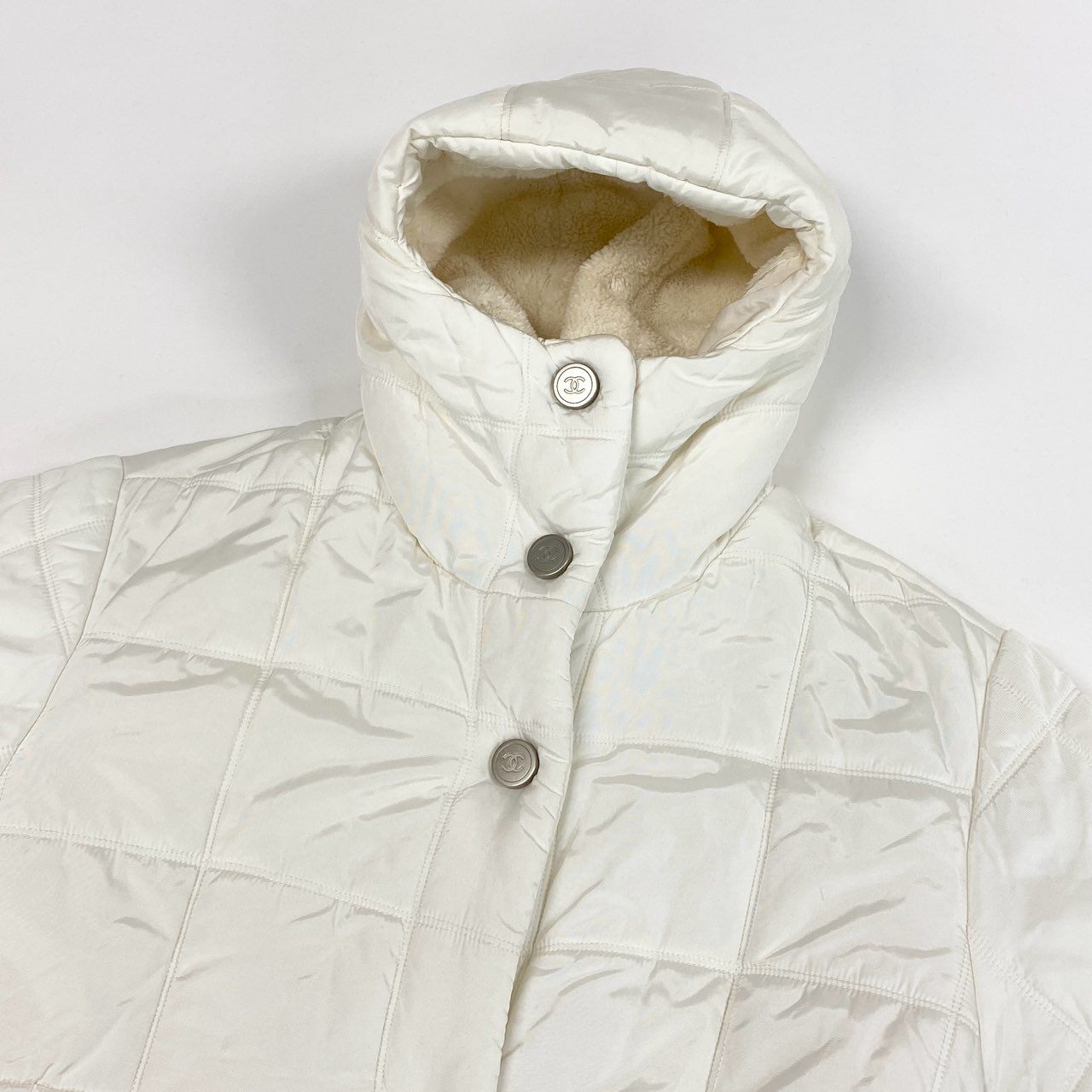 Ab13 CHANEL SPORT シャネル スポーツ 裏地ボア 中綿ロングコート ココマークワッペン フーディー 36サイズ アイボリー レディース 女性用ta1