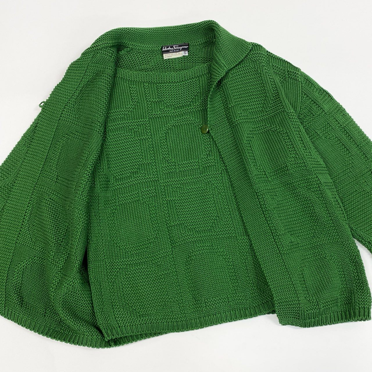 Ab13【美品】Salvatore Ferragamo サルバトーレフェラガモ ヴィンテージ ガンチーニ ニットアンサンブル Vintage Gancini  Knit 2-Piece Set Mサイズ グリーン コットン100％ レディース 女性用ta1