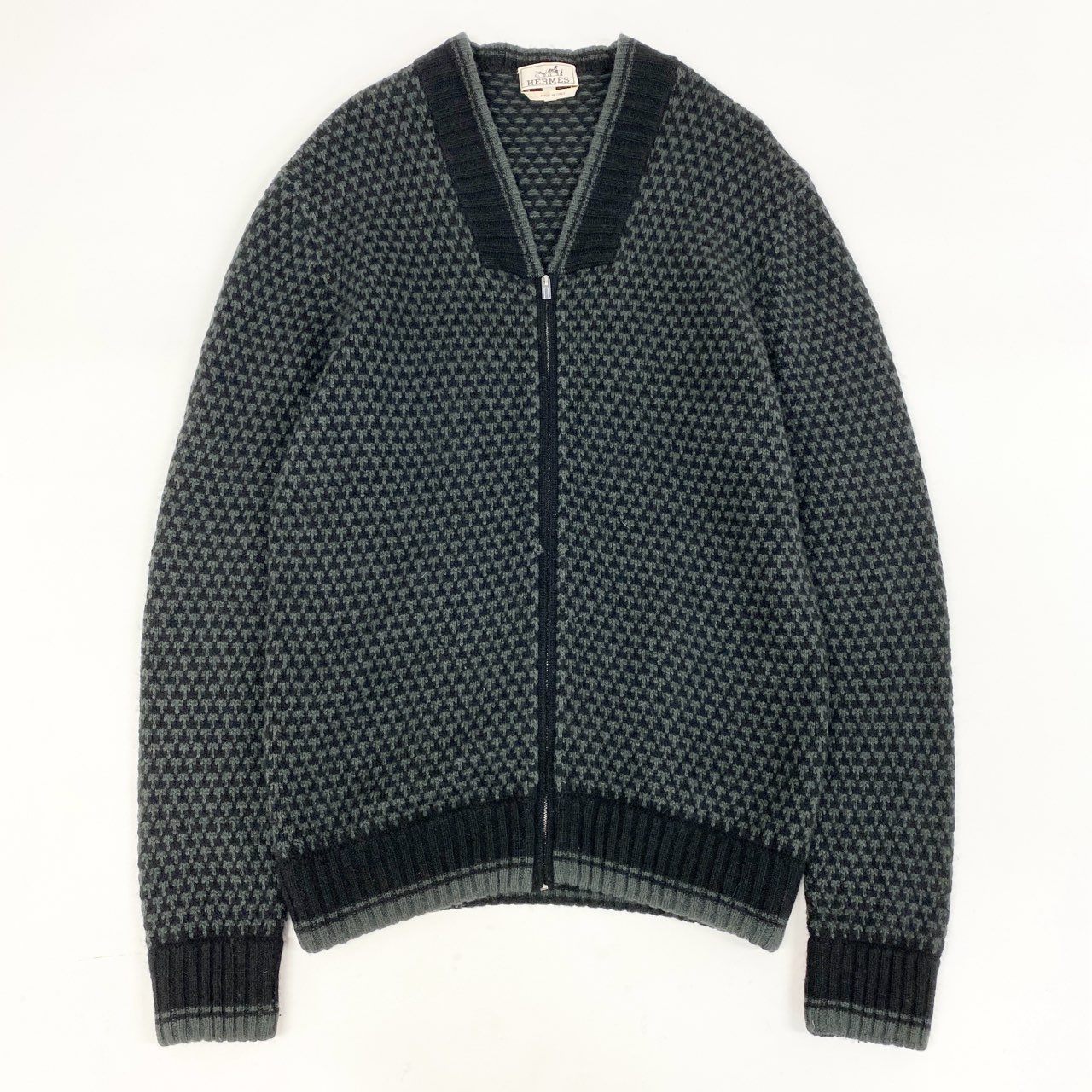 75i8 HERMES エルメス イタリア製 総カシミヤ ジップアップブルゾン ジャケット カシミアニット 千鳥柄 Lサイズ ブラック グリーン カシミヤ100 メンズu02t