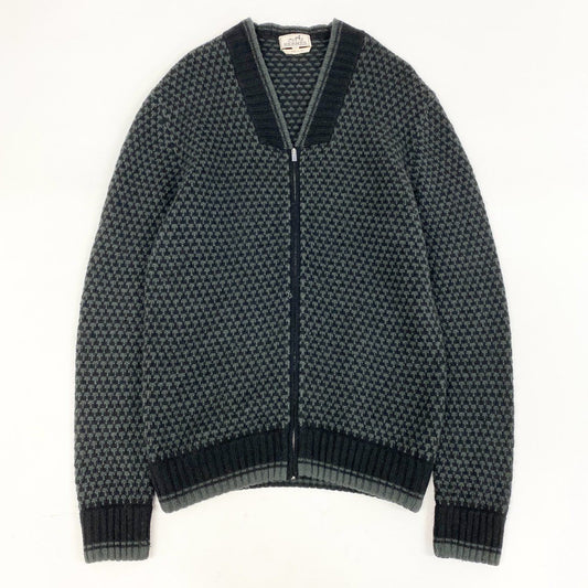 75i8 HERMES エルメス イタリア製 総カシミヤ ジップアップブルゾン ジャケット カシミアニット 千鳥柄 Lサイズ ブラック グリーン カシミヤ100 メンズu02t