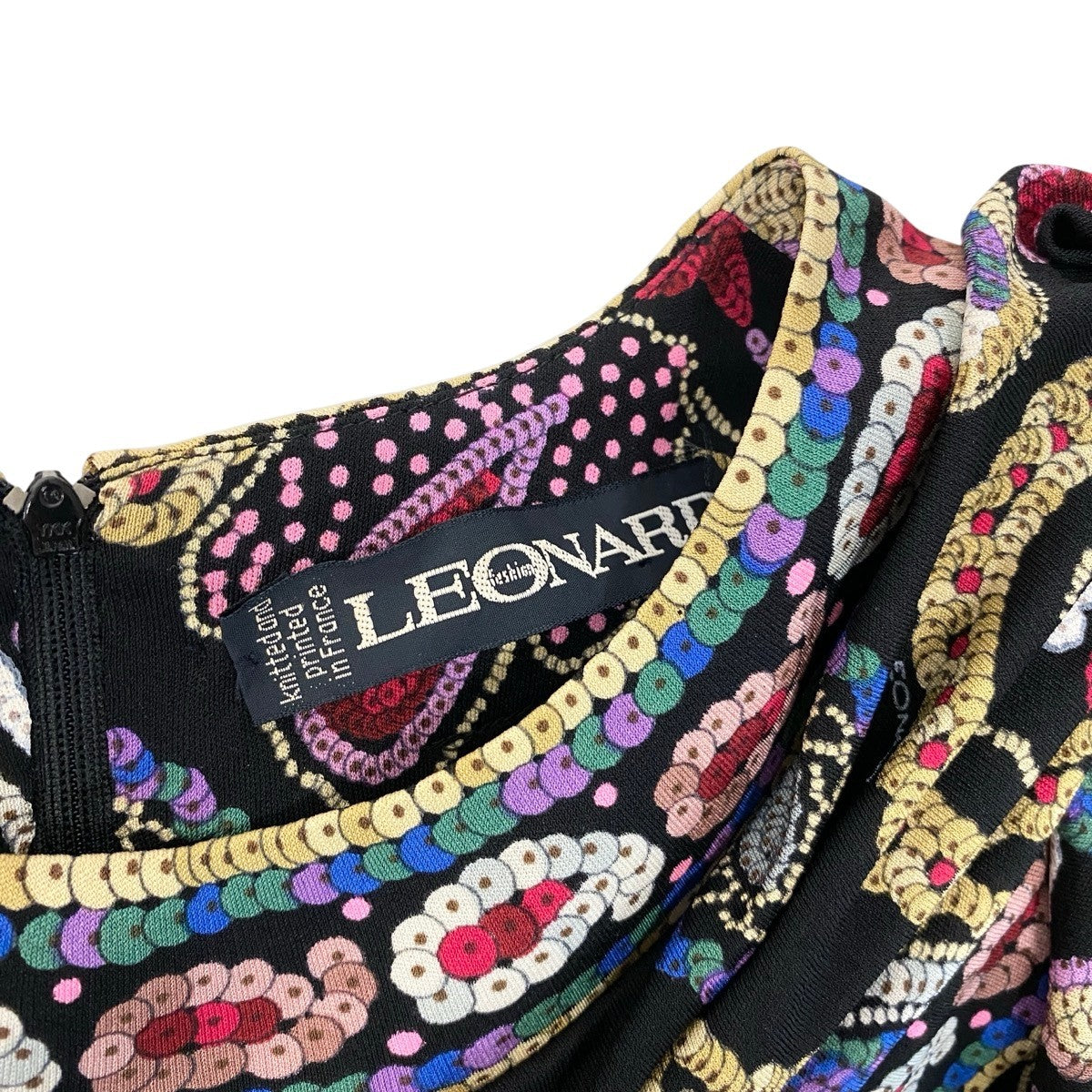 68h21 LEONARD FASHION レオナール ロングスリーブ ワンピース スパンコール風イラスト ドレスワンピース サイズ11 ブラック レディースu02t