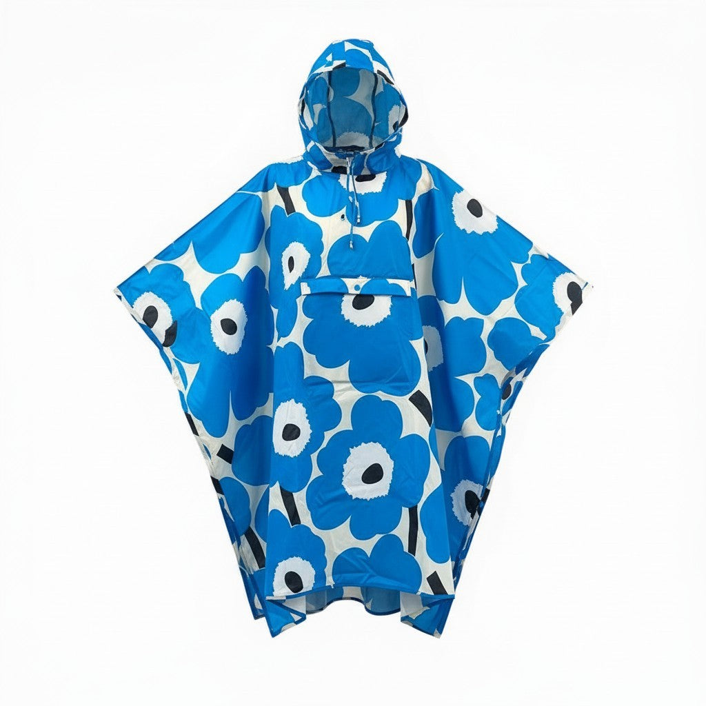 56d13 【未使用タグ付】 marimekko マリメッコ Unikko Rain Poncho レインコート ポンチョ ウニッコ柄 花柄プリント ONE SIZE ブルー ホワイト レディース 女性用u02t