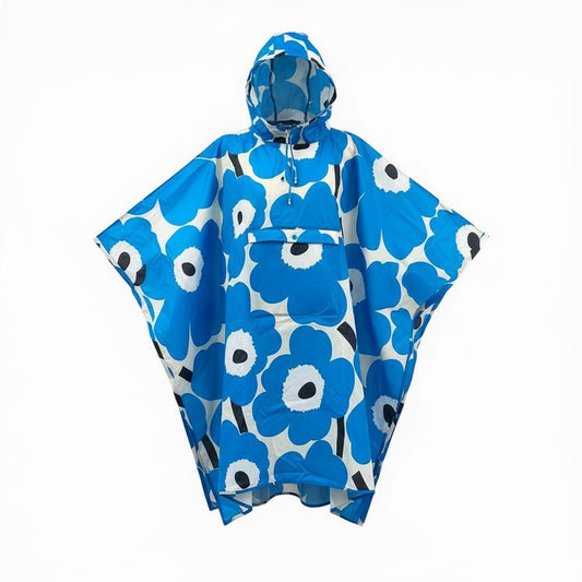 56d13 【未使用タグ付】 marimekko マリメッコ Unikko Rain Poncho レインコート ポンチョ ウニッコ柄 花柄プリント ONE SIZE ブルー ホワイト レディース 女性用u02t