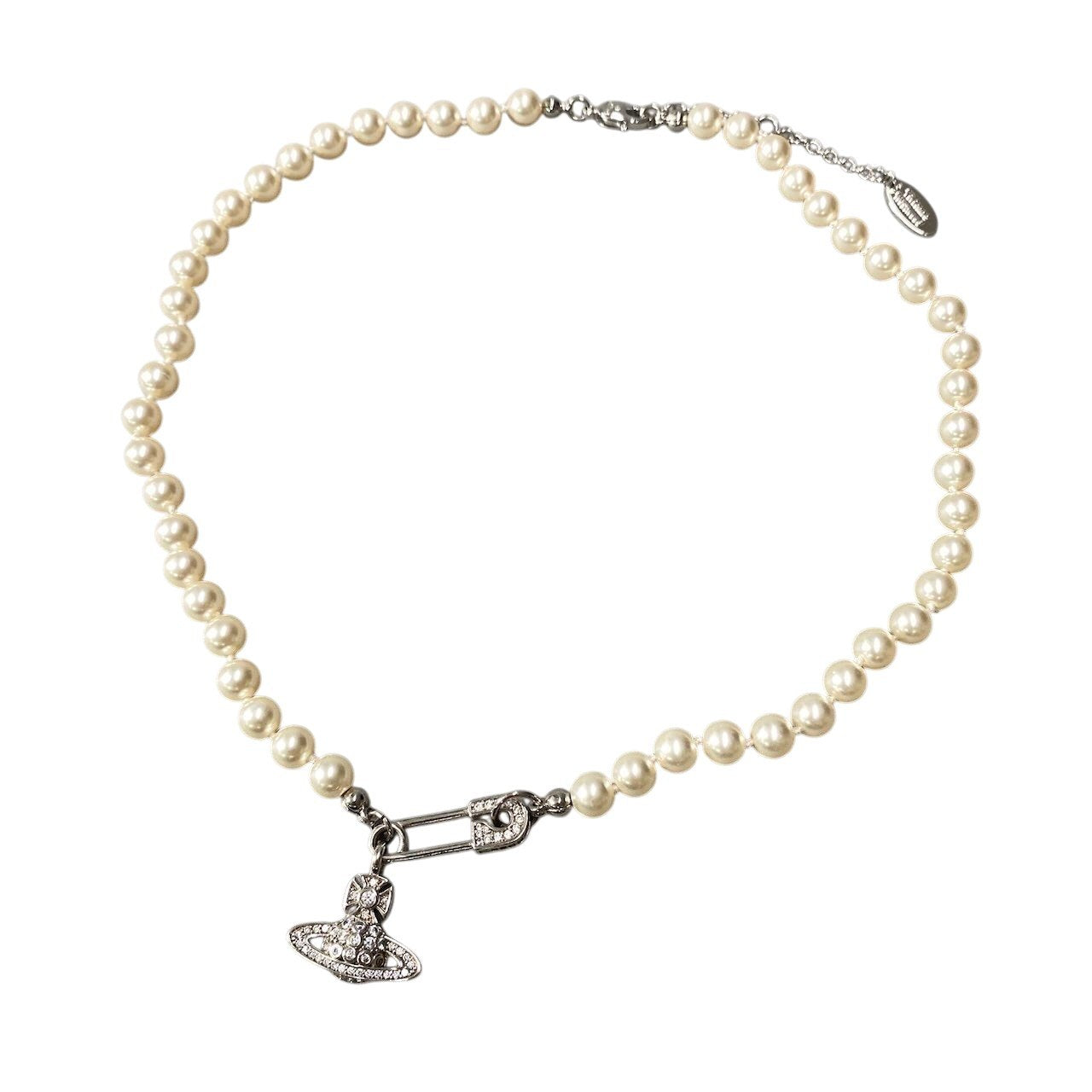 h11 《美品》 Vivienne Westwood ヴィヴィアンウエストウッド ORB ラインストーンオーブ パールネックレス ホワイト シルバー アクセサリー 安全ピンt18r